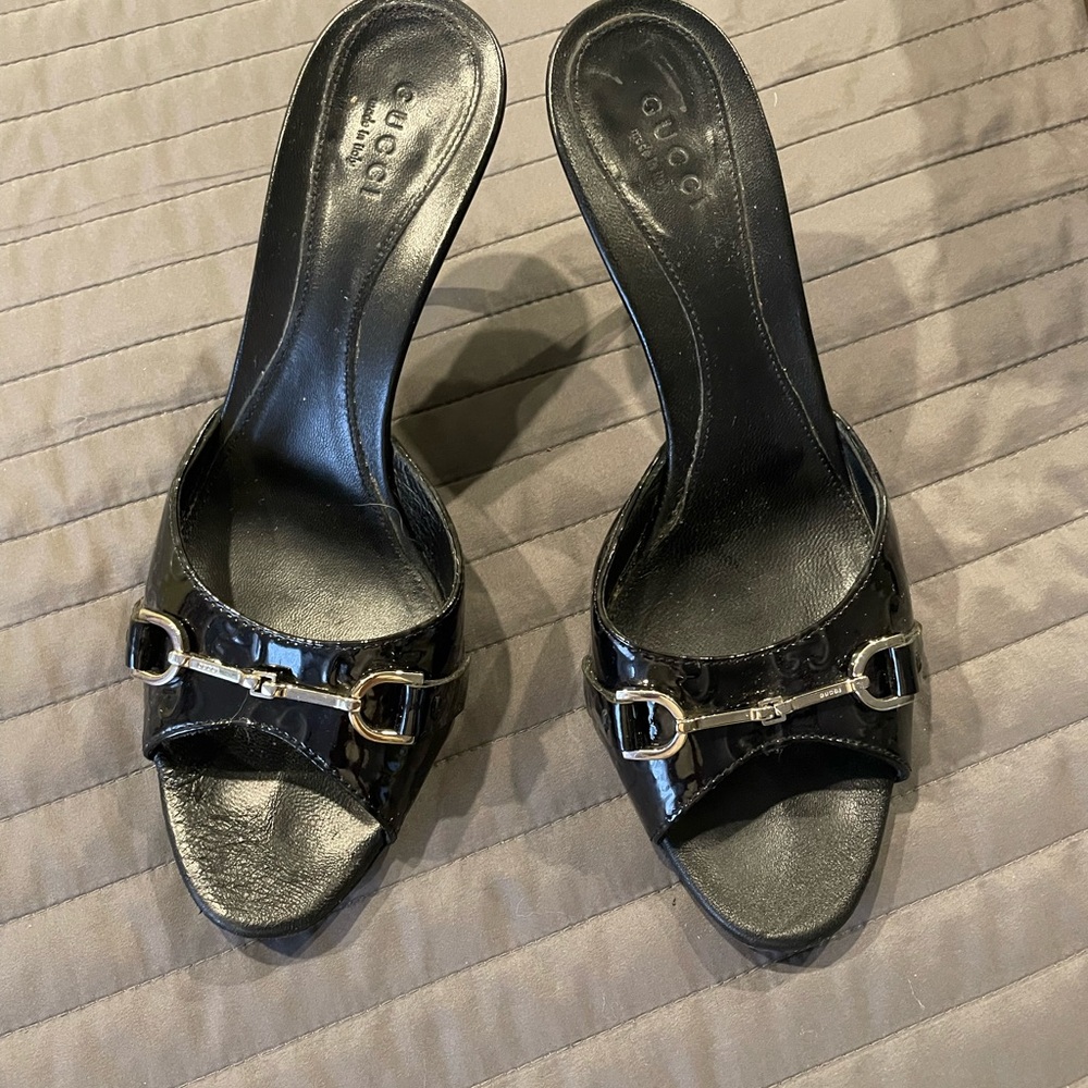 Gucci Black Patent Leather Mules
